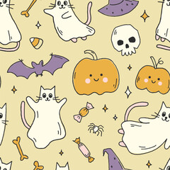 Hand drawn Halloween vector seamless pattern with cute ghost cats, pumpkins, bats, skulls and candies. Whimsical endless background for Halloween design, textile, wallpaper. Flat cartoon illustration