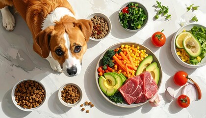Healthy dog food and fresh ingredients arranged on a white surface, showcasing a wholesome diet for a canine companion.
