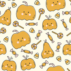 Hand drawn Halloween vector seamless pattern with cute smiling pumpkins and candies. Charming endless background for holiday design, textile, wallpaper. Whimsy pumpkins illustration. Halloween pattern