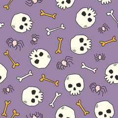 Hand drawn Halloween vector seamless pattern with spooky skulls, bones and spiders. Scary endless background for holiday design, textile, wallpaper. Whimsy cartoon illustration. Halloween pattern