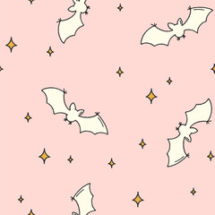 Hand drawn Halloween vector seamless pattern with spooky bats and stars. Cute and playful endless background for holiday design, textile, wallpaper. Whimsy illustration. Halloween pattern