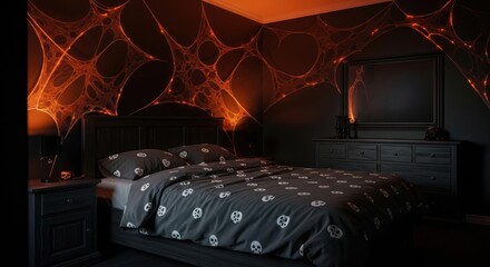 Spooky halloween themed bedroom with skull bedding and spiderwebs