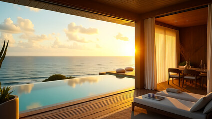 Luxurious resort balcony with infinity pool overlooking a serene ocean sunset creating a tranquil and breathtaking vacation experience for relaxation