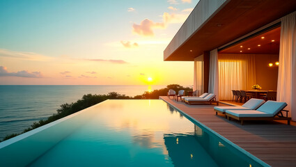 Luxurious modern villa with infinity pool overlooking the ocean at sunset with lounge chairs on the deck and indoor dining area visible