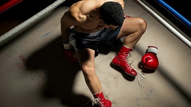 Bare-chested man boxer on boxing ring floor slowly getting up after defeat, sport and struggle for victory footage