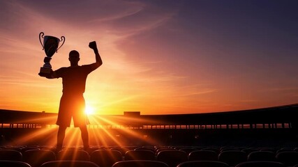 Silhouette man boxing champion raising trophy in stadium at sunset, celebrating victory, sport achievement footage - Powered by Adobe