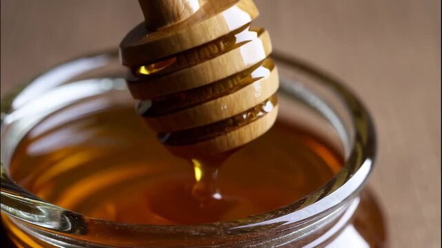 Close up of honey dripping from a wooden dipper into a clear glass jar filled with honey liquid - Powered by Adobe