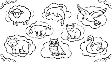 Obraz premium Animal Cloudscape Illustrations: A whimsical scene features a collection of charming animal illustrations floating on fluffy clouds.