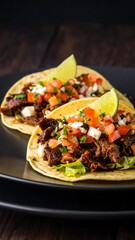 Two tacos on a dark plate