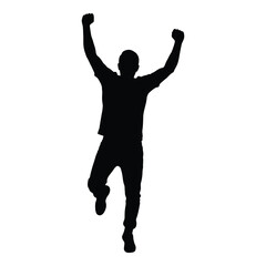 A jubilant figure with arms raised captured in a dark silhouette