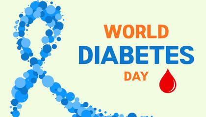 World Diabetes Day. Design featuring a blue ribbon and a red blood dot. Ideal for diabetes awareness.