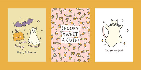 Set of hand drawn Halloween posters or cards with cute smiling ghost cat, pumpkin. Playful and spooky illustration for holiday design, prints. Trendy whimsical Halloween concept. Flat cartoon art