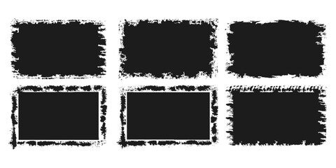 Vector black paint brush spots, Hand drawn Ink brush strokes texture. Black grunge rectangles. Square shape for text. Doodle rectangle pastel chalk elements. Brush frame box.
