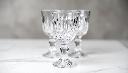 Three crystal wine glasses on marble