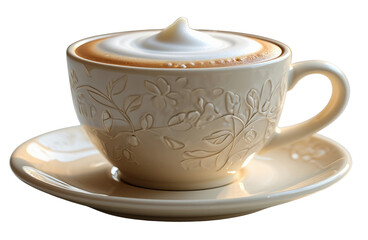 Creamy cappuccino coffee in a decorative embossed cup on a saucer