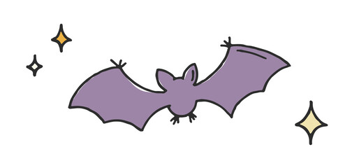 Spooky and cute hand drawn vector bat and stars in flat style. Halloween scary elements. Whimsical halloween bat isolated on white for holiday design, posters. Flat cartoon illustration