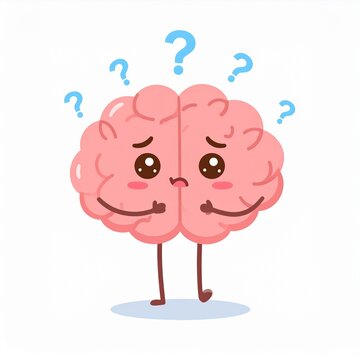 Cute cartoon brain character feeling confused and worried with question marks. Vector mascot for concepts of psychology, mental health, doubt, and brain fog