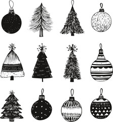 Christmas tree and ornament sketch, hand drawn festive holiday decoration set &mdash; stock vector