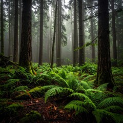 Misty Forest Floor with Ferns.