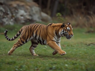 Running tiger on morning green field