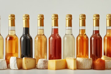 Wine bottles with golden caps and various cheeses