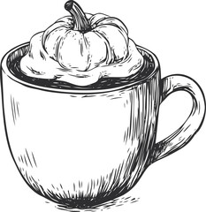 Pumpkin spice latte sketch hand drawn in coffee mug with whipped cream and pumpkin — stock vector