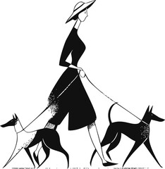 Woman walking two dogs sketch hand drawn minimalist fashion style — stock vector