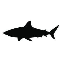A striking black shark shape is presented as a clear silhouette