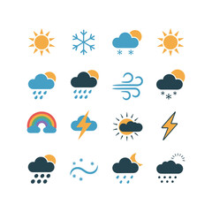 Obraz premium Diverse weather icons set featuring sun snow clouds rain wind rainbow lightning and storms