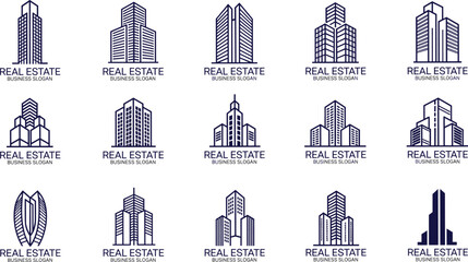 Fototapeta premium Set of 15 minimalist real estate logo icons featuring high-rise buildings and business slogans—ideal for property branding and design
