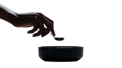 Hand using spoon over bowl minimalist style PNG, isolated on transparent background