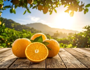 Fresh oranges on a wooden table, scenic background