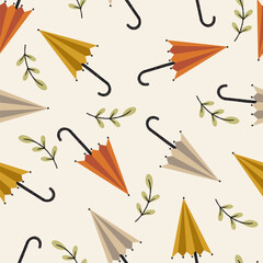 Autumn Umbrellas and Leaves Vector Seamless Pattern