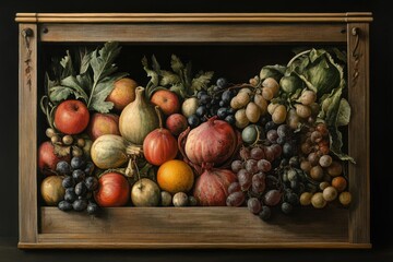 Wooden box with fruits and vegetables, wooden box filled with a variety of colorful fruits and vegetables