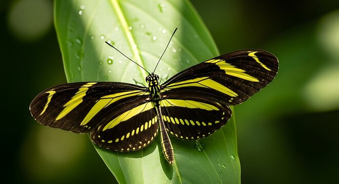 Zebra Longwing Butterfly with Yellow Stripes on Green Leaf