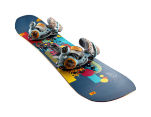 Snowboarding action on colorful board winter sports scene PNG, isolated on transparent background