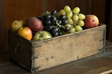 Wooden box with fruits and vegetables, wooden box filled with a variety of colorful fruits and vegetables