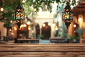 Wooden table with hanging lanterns and blurred Arabian