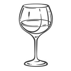 Wine glass with wide bowl and slender stem, filled halfway. Outline vector illustration in hand drawn engraving style for menus, winery labels, or packaging.
