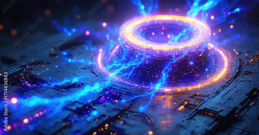 Poster futuristic circuit glows brightly. energy flows around central torus structure. complex technology, 