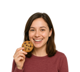 Enjoying a chocolate chip cookie portrait joyful PNG, isolated on transparent background
