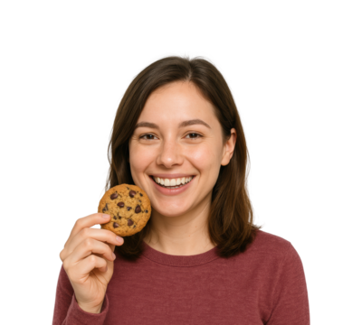 Enjoying a chocolate chip cookie portrait joyful PNG, isolated on transparent background - Powered by Adobe