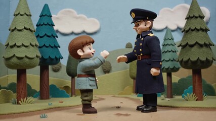 Small child saluting veteran officer in dark coat on cartoon style forest path with pine trees and clouds. Veterans Day concept of honor and intergenerational respect - Powered by Adobe