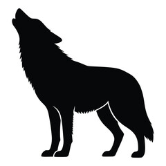 A striking black wolf stands howling at the moon a dark silhouette