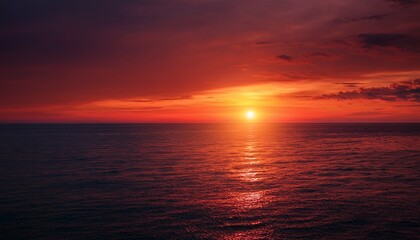 Obraz premium Sunset Ocean Red Horizon Landscape Outdoors Scenery Tranquil Glowing Sun Over Calm Sea