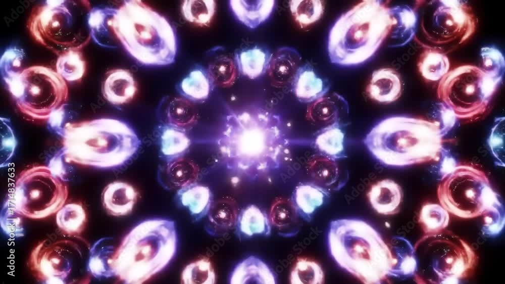 Poster Hypnotic display of swirling, interconnected cosmic energy patterns in deep blues and fiery reds, with a central bright light source and scattered sparkling particles.
