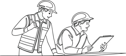Continuous one line drawing young professionals are discussing team projects on the table. contractor and architect with foreman explaining about building site outline vector isolated illustration png