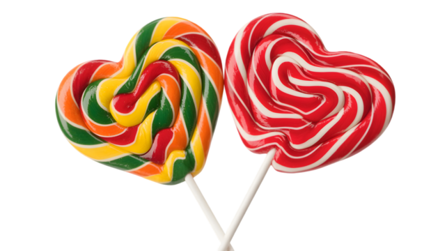 Two Heart-Shaped Lollipops Red and Rainbow Swirl Candy