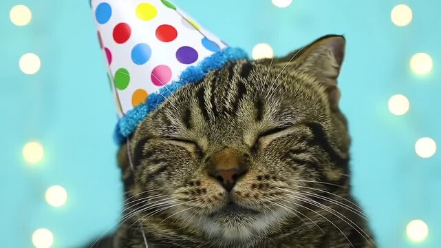 Cute cat wearing colorful birthday hat with festive background 
