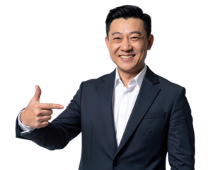 Man Smiling and Pointing Confidently, Dressed Smartly Against isolated on a transparent background.